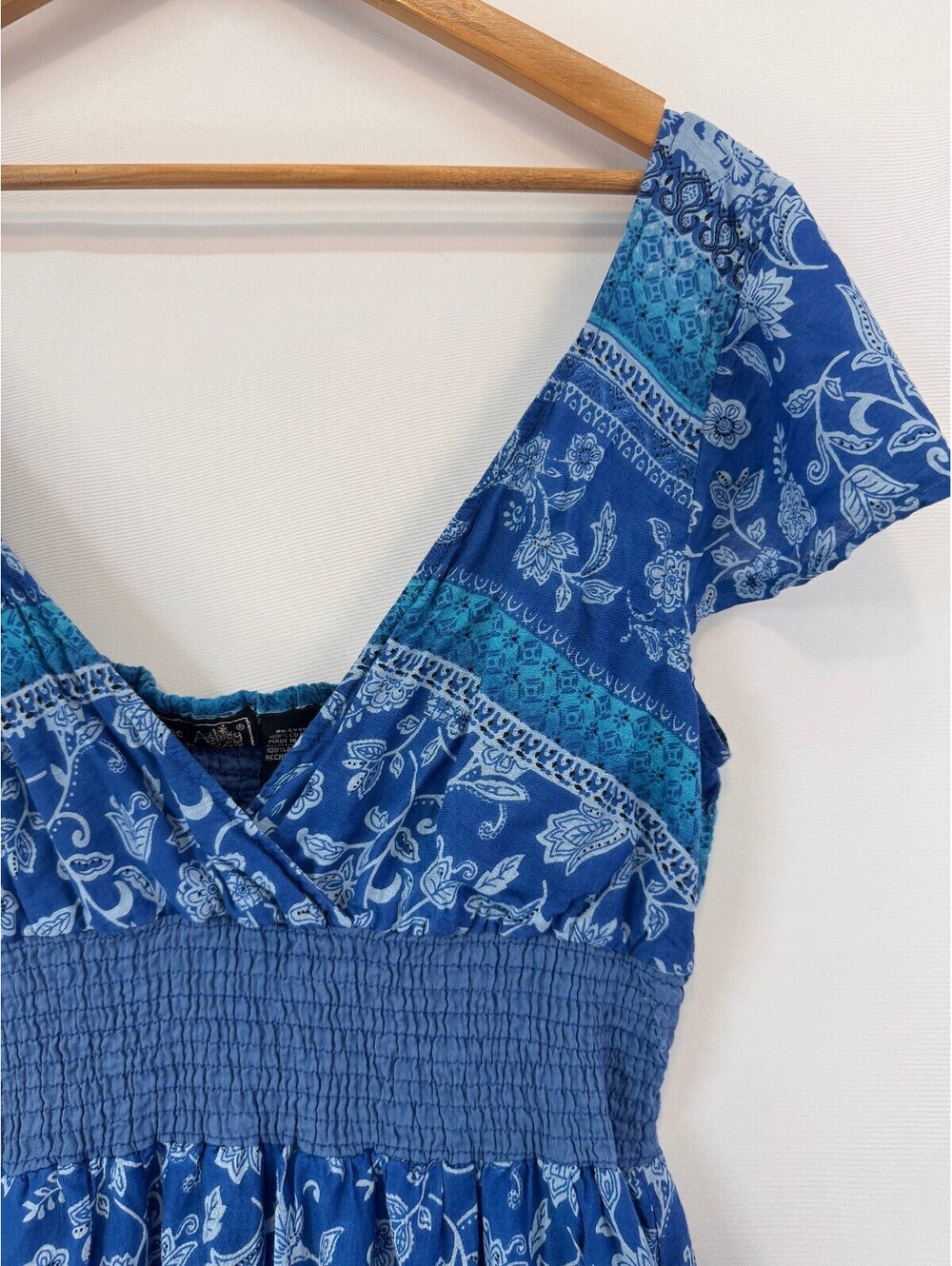 Vintage 90s Blue Cotton Boho Floral Smocked Empire Waist Midi Dress Size XL - Picture 4 of 8